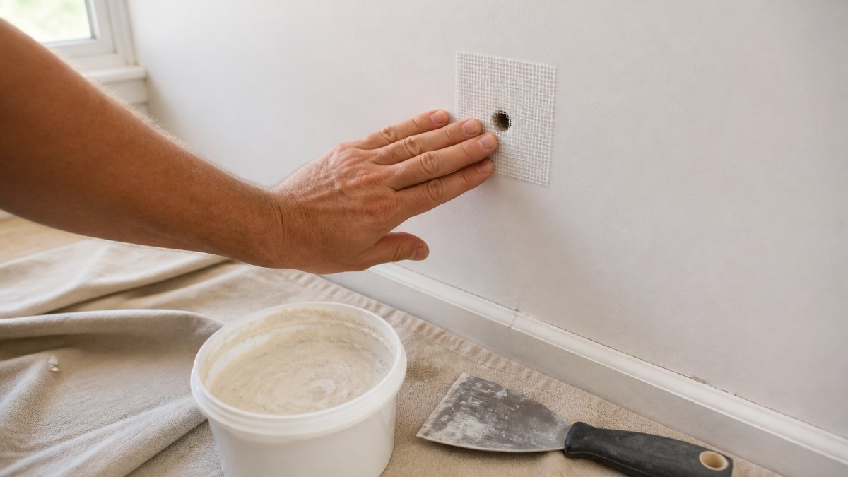Close-up of a hand pressing an adhesive-backed mesh patch over a small hole in a white drywall wall, putty knife and tub of joint compound on drop cloth below, natural window light